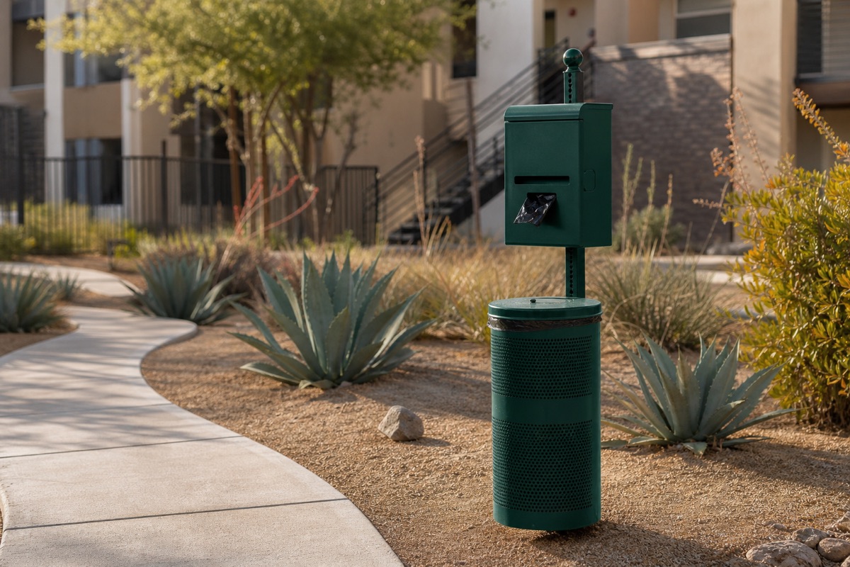 Representative clean, well-maintained pet waste station in a landscaped Arizona apartment community