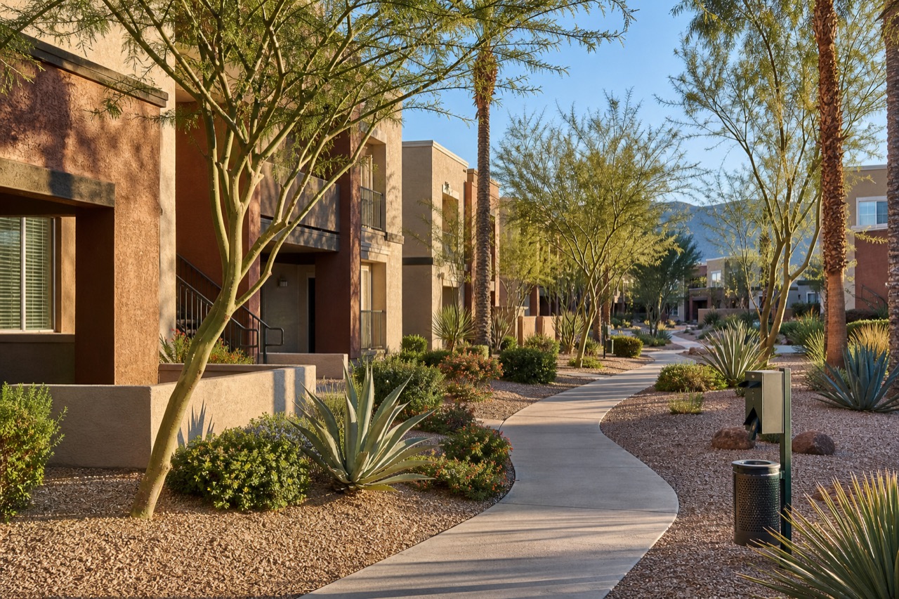 Representative Phoenix-area apartment community with stucco architecture, desert landscaping, clean walkways, and a pet waste station